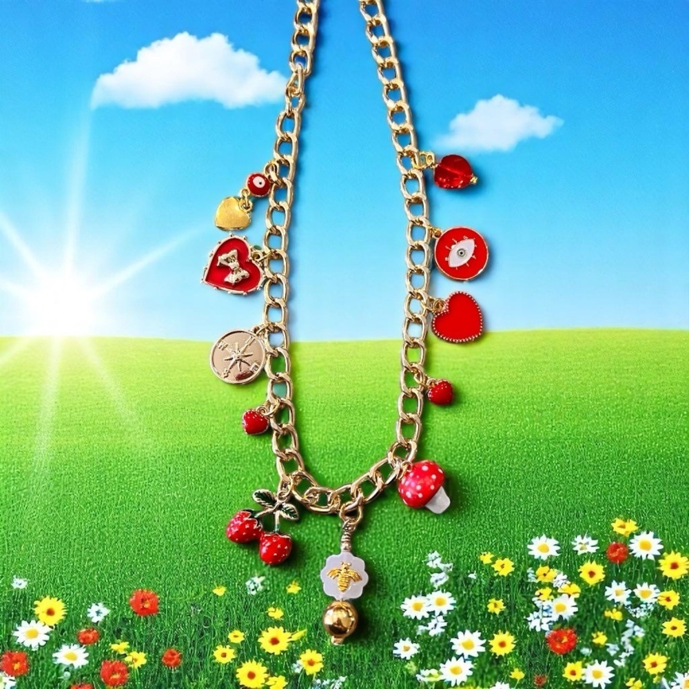 Gold Toned and Red Charm Necklace Enamel Glass Ceramic Crystal 20” - Picture 15 of 17